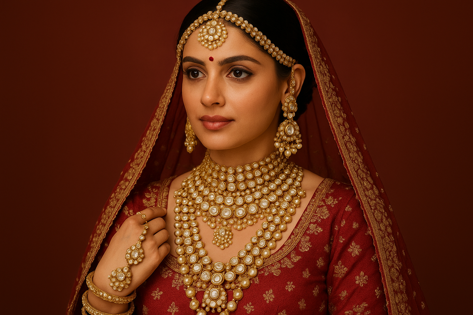 Bride wearing royal Kundan bridal jewellery set with lehenga