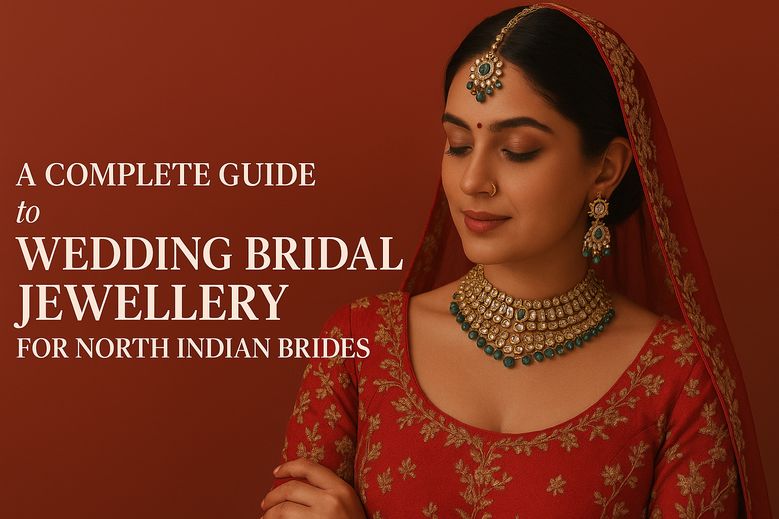 North Indian bride in red lehenga with traditional gold and green bridal jewellery on a red backdrop