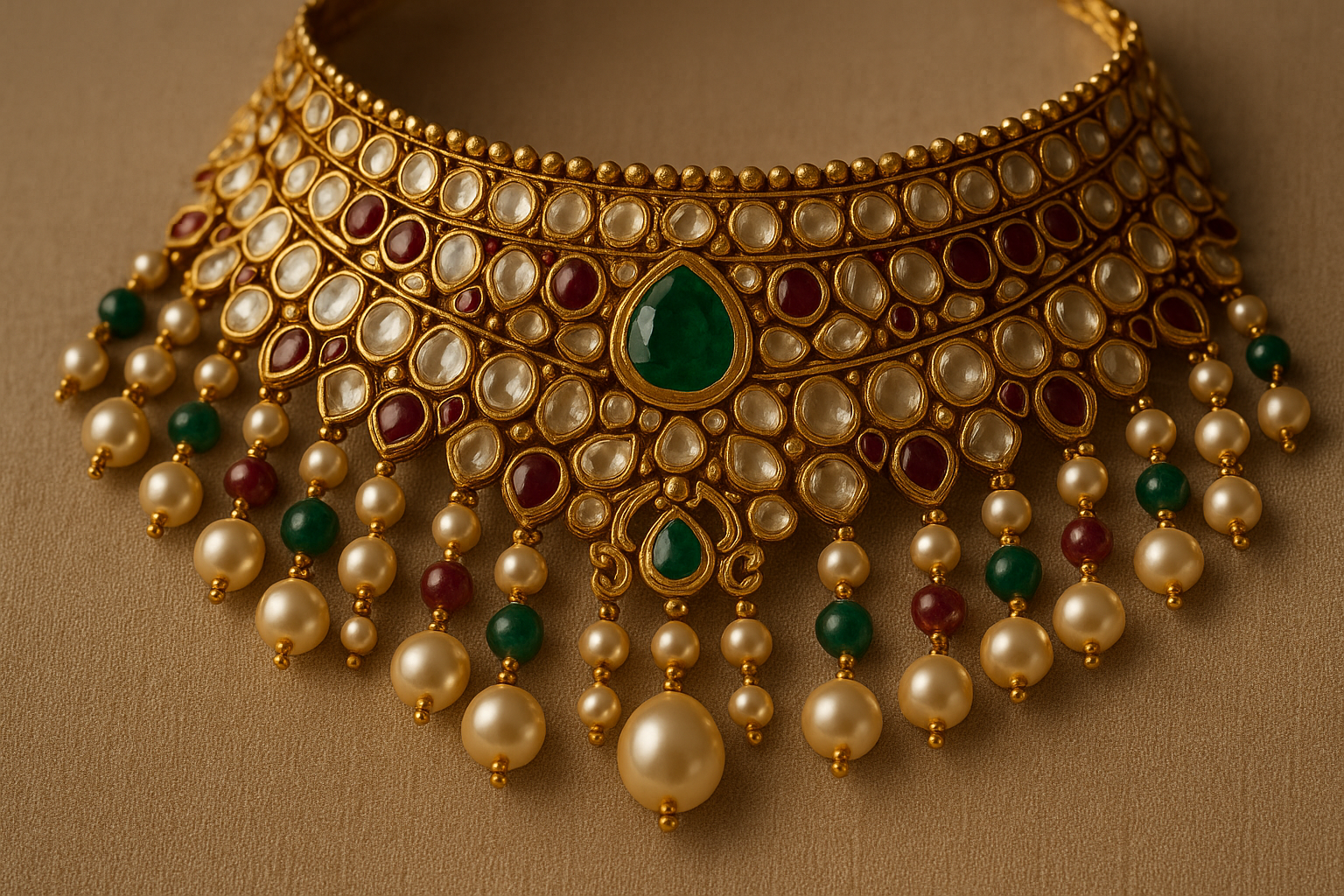 Choker necklace traditional with gold, polki, pearls and emeralds