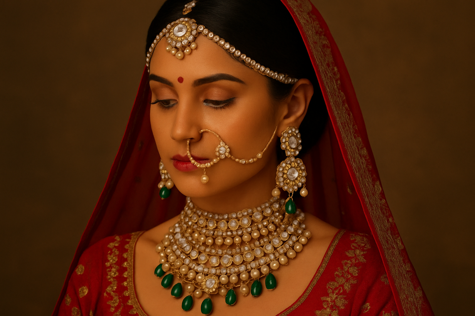 Indian bride wearing traditional Polki wedding jewellery with red bridal attire