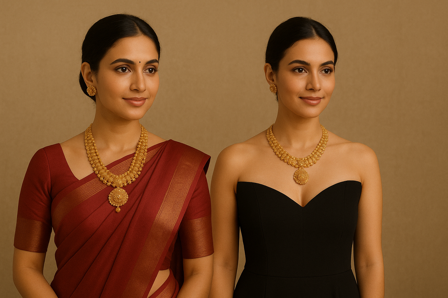 Gold necklace for women styled with saree and gown