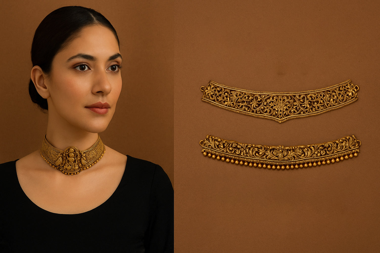 Woman wearing antique choker necklace with trending 2025 designs.