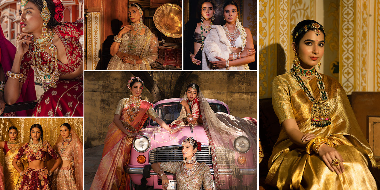 Models showcasing traditional Indian bridal and ethnic wear with jewelry