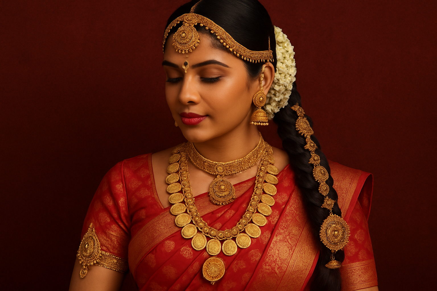 South Indian bride wearing traditional South Indian bridal jewellery in a red silk saree.
