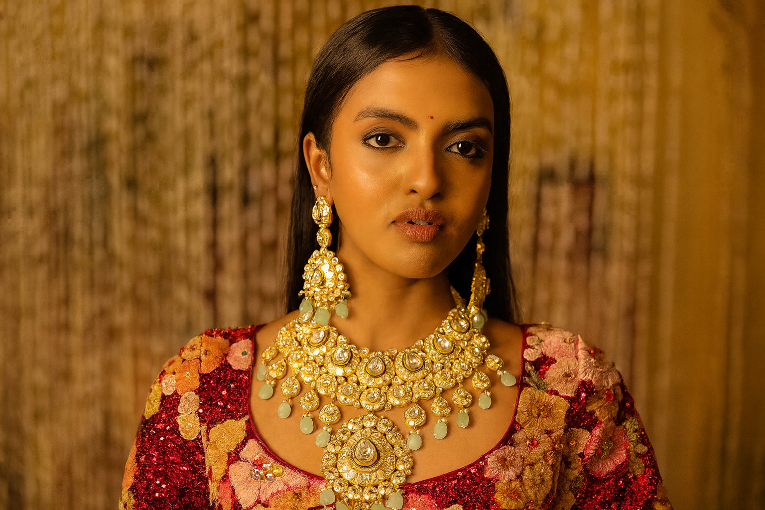 oman wearing an elegant polki diamond set with intricate gold detailing