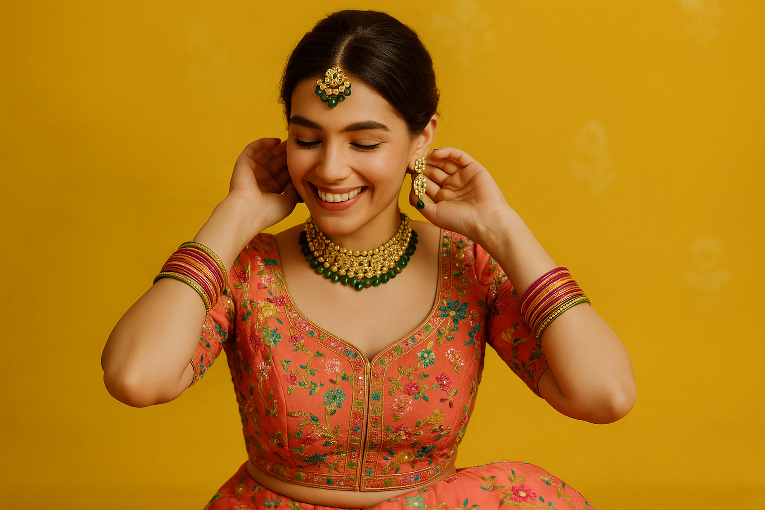 Woman in traditional bridal jewellery and embroidered outfit smiling against yellow background